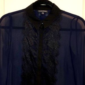 Warehouse Navy Blue Lace Panel Button Down Shirt